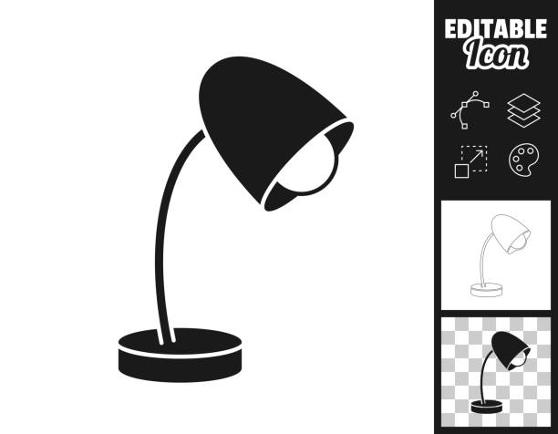 Desk Lamp. Icon for design. Easily editable Icon of "Desk Lamp" for your own design. Three icons with editable stroke included in the bundle: - One black icon on a white background. - One line icon with only a thin black outline in a line art style (you can adjust the stroke weight as you want). - One icon on a blank transparent background (for change background or texture). The layers are named to facilitate your customization. Vector Illustration (EPS file, well layered and grouped). Easy to edit, manipulate, resize or colorize. Vector and Jpeg file of different sizes. light-switch-clip-art stock illustrations
