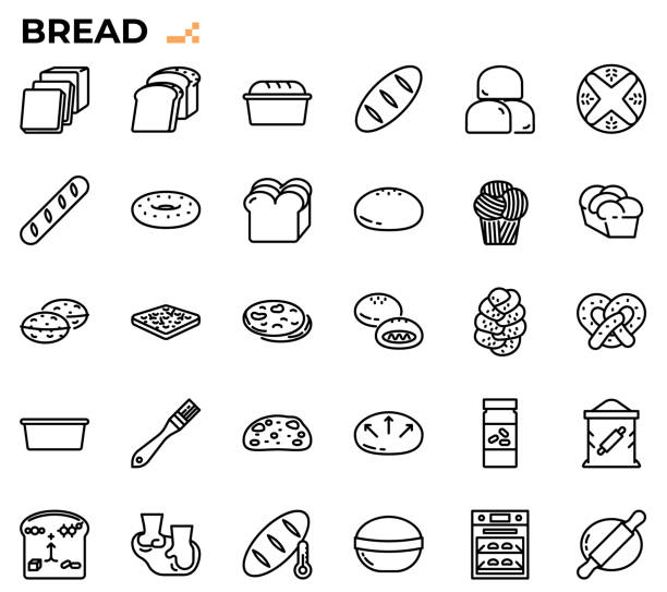 illustrazioni stock, clip art, cartoni animati e icone di tendenza di set di icone per pane e cottura. - focaccia