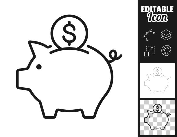 Piggy bank with Dollar coin. Icon for design. Easily editable Icon of "Piggy bank with Dollar coin" for your own design. Three icons with editable stroke included in the bundle: - One black icon on a white background. - One line icon with only a thin black outline in a line art style (you can adjust the stroke weight as you want). - One icon on a blank transparent background (for change background or texture). The layers are named to facilitate your customization. Vector Illustration (EPS file, well layered and grouped). Easy to edit, manipulate, resize or colorize. Vector and Jpeg file of different sizes. coin outline stock illustrations