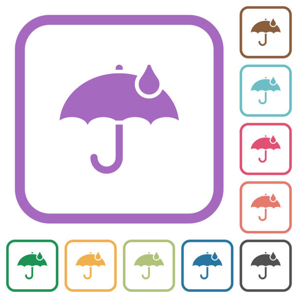 Umbrella with single raindrop solid simple icons Umbrella with single raindrop solid simple icons in color rounded square frames on white background aegis stock illustrations