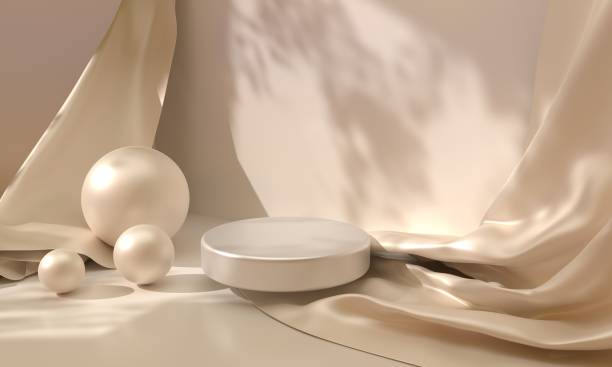 istock 3D Podium with luxury silk fabric and geometric spheres on nude backdrop. Elegant beige textile drapery, flowing tissue with blank pedestal for display product, mock up ad banner 1423276618