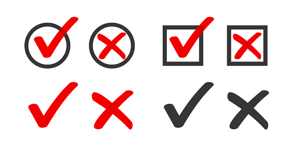 Checkbox checkmark square icon vector or confirm false true check mark red pictogram graphic clipart, right wrong marker felt tip pen hand drawn set, cross and tick survey choice element design