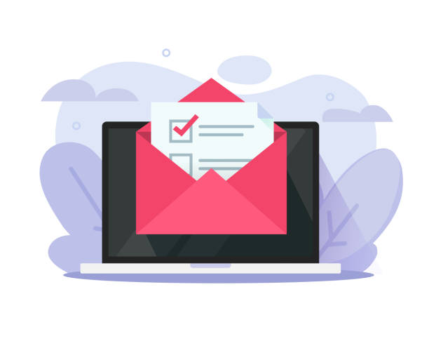 illustrazioni stock, clip art, cartoni animati e icone di tendenza di newsletter checklist email icona vettoriale o sondaggio test risultati check list report e-mail lettera grafica, attività online campagna sottoscrizione, appartenenza scegliere il concetto su immagine illustrazione laptop - to do list computer icon checklist communication