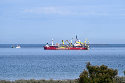Erquy, September 12, 2022 - The C/S Nexans Skagerrak at Caroual beach in Erquy installing submarine high voltage cable systems.