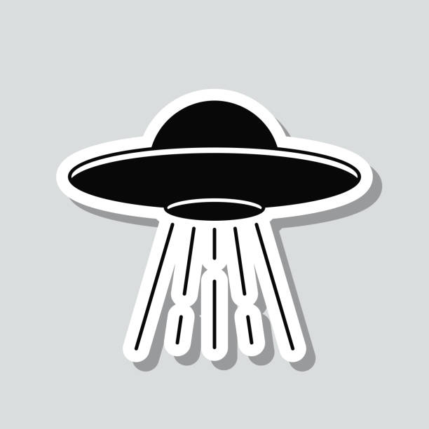 ufo - 광선이있는 비행 접시. 회색 배경에 아이콘 스티커 - grey background video stock illustrations