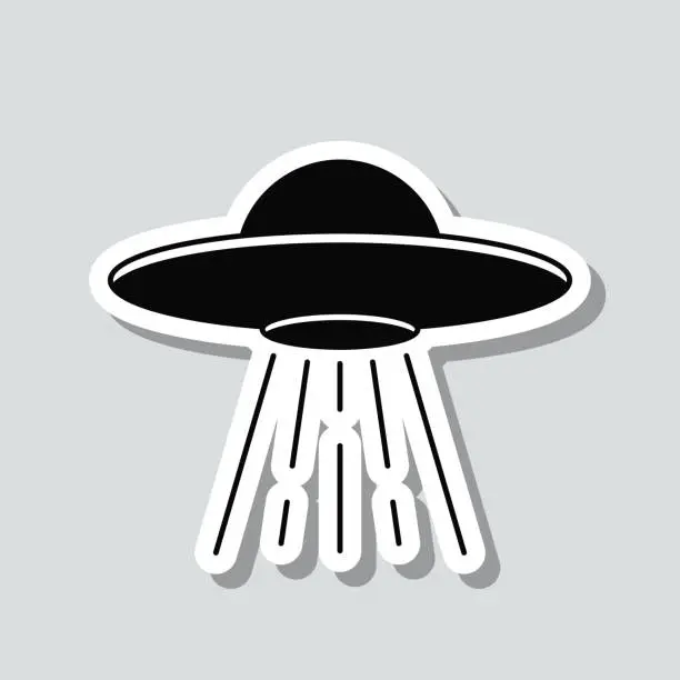 Vector illustration of UFO - Flying saucer with light beam. Icon sticker on gray background