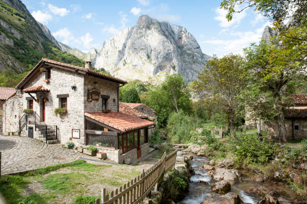 view of the village of Bulnes in the Picos de Europa in National Park in Asturias, Spain view of the village of Bulnes in the Picos de Europa in National Park in Asturias, Spain asturias photos stock pictures, royalty-free photos & images
