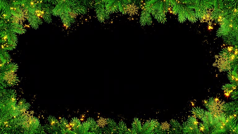 Christmas frame or new year frame with fir or pine leaves and snowflakes in gold