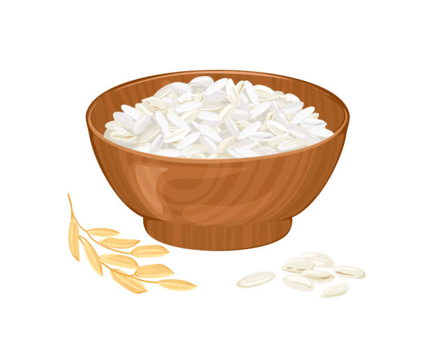 weiße reissamen in holzschale und pflanze isoliert auf weißem hintergrund. vektor-cartoon-illustration. - rice cereal plant white rice white stock-grafiken, -clipart, -cartoons und -symbole