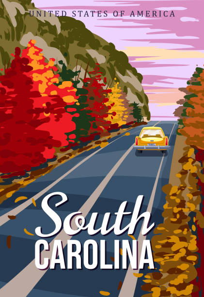 サウスカロライナ州旅行ヴィンテージポスター、秋の道、車。レトロなイラスト - north carolina mountain river autumn点のイラスト素材／クリップアート素材／マンガ素材／アイコン素材