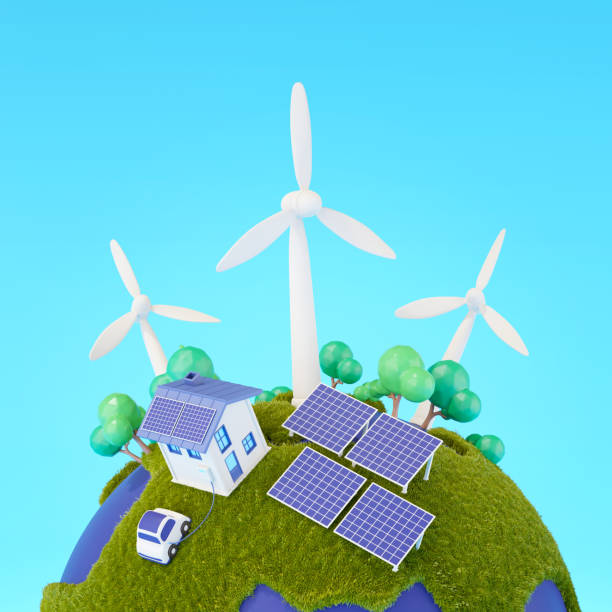 istock Wind turbine on green earth. Ecological environment concept. 3d rendering. 1423280584