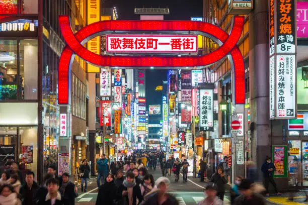 Neon lights and illuminated billboards of Shinjuku glittering at night above crowds of shoppers in the heart of Tokyo, Japan’s vibrant capital city.