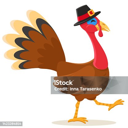 istock Turkey bird in a hat goes on a white background. Thanksgiving Day 1423284854