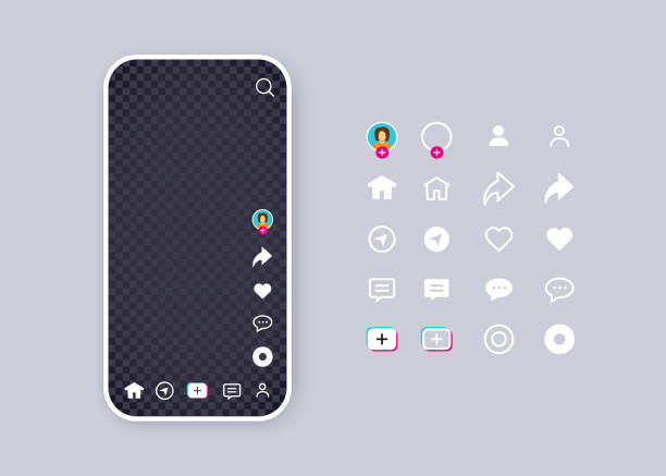 stockillustraties, clipart, cartoons en iconen met tik tok social media app interface concept and icon flat and outline set. white phone screen ui mockup with like icon, search, home button, add new video button. photo or video frame for mobile app. - social media