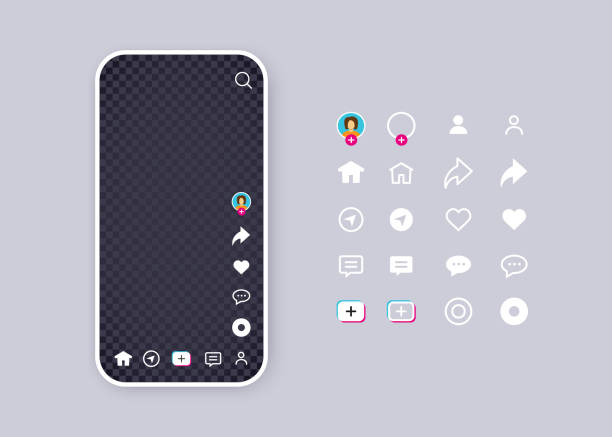 koncepcja interfejsu aplikacji społecznościowej tik tok oraz zestaw ikon płaskich i konturowych. biała makieta interfejsu użytkownika telefonu z ikoną polubienia, wyszukiwaniem, przyciskiem home, dodaj nowy przycisk wideo. ramka na zdjęcia lub wideo - facebook icon stock illustrations