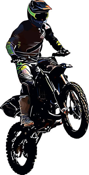 illustrazioni stock, clip art, cartoni animati e icone di tendenza di immagine vettoriale a colori del motociclista che esegue un trucco di salto estremo - motocross