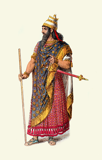 Vintage illustration Fashion of ancient Assyria, Costume of an Assyrian king
