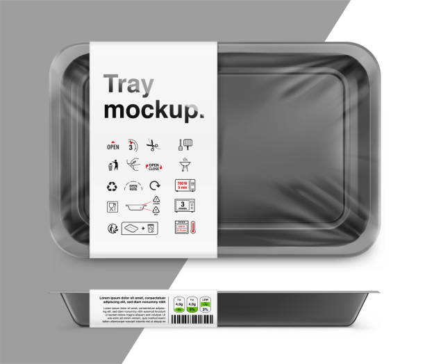 Horizontal black tray container mockup with transparent film and icons. Vector illustration isolated on white background. Layered template file easy to use for your promo product. EPS10. black meat tray stock illustrations