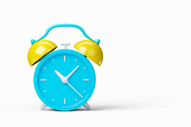 Blue vintage alarm clock isolated on white background. Retro design