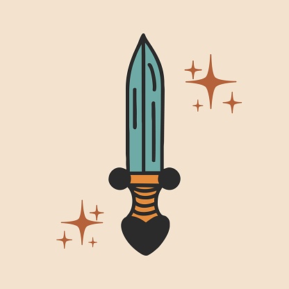 Flat image of a dagger. Vector illustration for sketching old-school style tattoos, printing on t-shirts and other items.