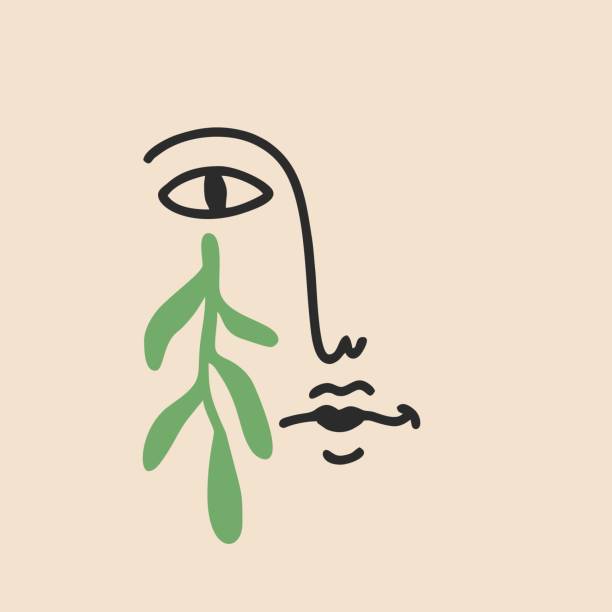 абстрактный плакат с минимальным лицом и растением. однолинейный стиль рисования. плоская векторная иллюстрация, рисованный мультфильм. - abstract leaf curve posing stock illustrations