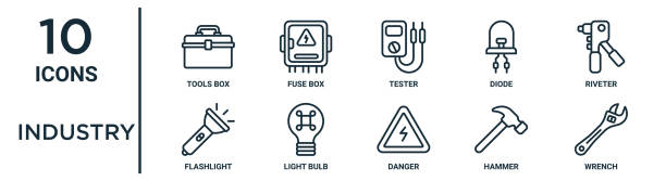 illustrazioni stock, clip art, cartoni animati e icone di tendenza di il set di icone del contorno del settore include scatola di strumenti a linea sottile, tester, rivettatore, lampadina, martello, chiave inglese, icone torcia elettrica per report, presentazione, diagramma, web design - flashlight