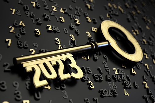 Golden 2023 Key with Digits. 2023 New Year Concept. 3D Render