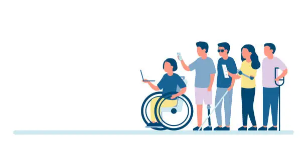 Vector illustration of Disabled group people on wheelchair and other handicap. Disability and inclusion, employment on work. Team diverse person. Team seek opportunity, want to work. Vector with copy space