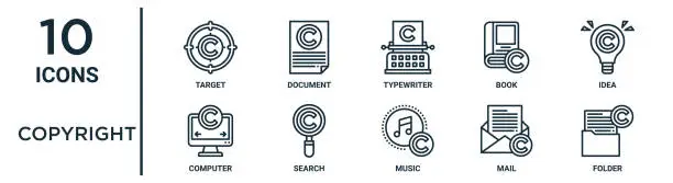 Vector illustration of copyright outline icon set includes thin line target, typewriter, idea, search, mail, folder, computer icons for report, presentation, diagram, web design