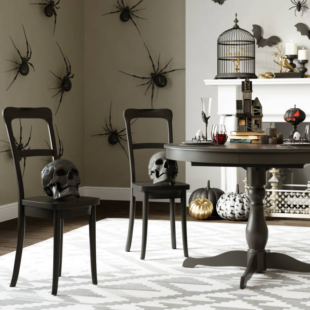 istock 3d rendering. Decorative black skull on a chair. Modern interior decor for Halloween 1423297272