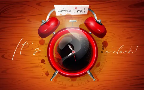 Vector illustration of Concept of work break, business break, coffee break in cartoon style. Time to drink coffee! Cup of coffee in the form of an alarm clock with stickers on an abstract wooden background.