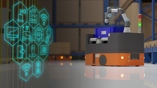 The collaboration of universal robot and AGV (Automated guided vehicle) in smart warehouse with Icon.3D illustration