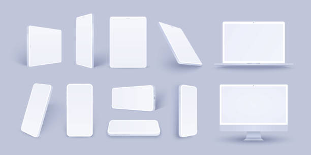 ilustrações, clipart, desenhos animados e ícones de modelo de smartphone branco e tablet, laptop e computador, celular realista de argila, pad e modelo de pc em diferentes ângulos isolados. mock up 3d para design de interface de apresentação ou aplicação. - digital tablet pc computer computer graphic