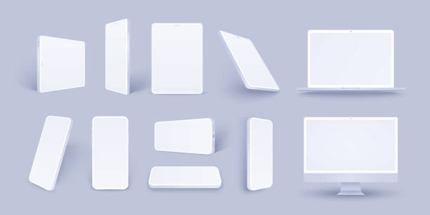 White smartphone mockup and tablet pack, laptop and computer, clay realistic mobile phone, pad and pc template in different angles isolated. 3D  mock up for presentation ui design or application. White smartphone mockup and tablet pack, laptop and computer, clay realistic mobile phone, pad and pc template in different angles isolated. 3D  mock up for presentation ui design or application. clay stock illustrations