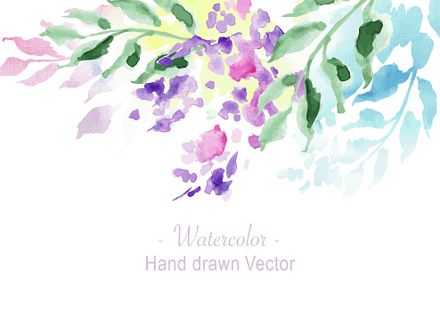 Hand-drawn watercolor colourful banner with leaves isolated on white background. Illustration with copy space for greeting cards, wedding invitations, floral poster and decorations.