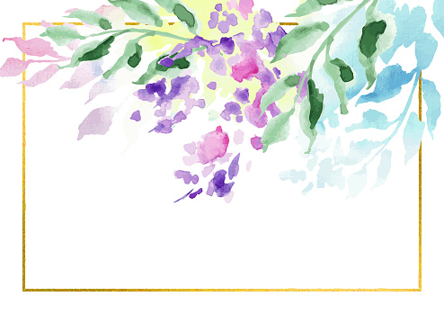 Hand-drawn watercolor colourful banner with leaves isolated on white background. With golden frame. Illustration with copy space for greeting cards, wedding invitations, floral poster and decorations.