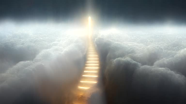 Steps to Heaven, a golden staircase in the clouds leads to the gates of Heaven