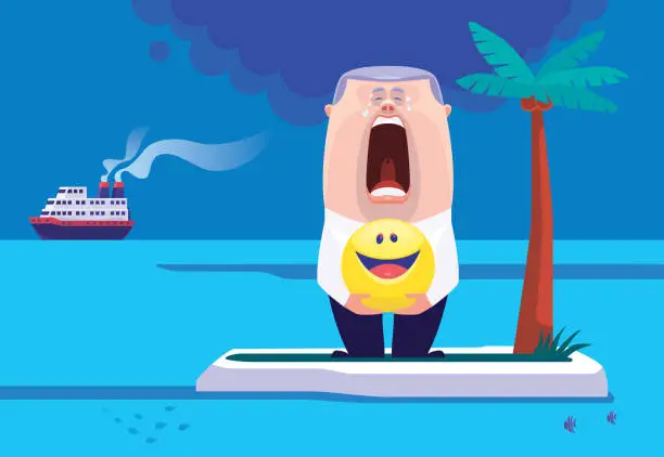 Vector illustration of crying mid adult businessman holding smiley icon and standing on island