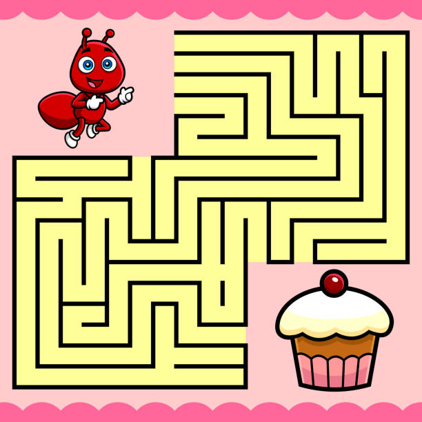 cartoon maze game edukacja dla dzieci pomóż тhe ant reach тhe cupcake - ant comedian stock illustrations