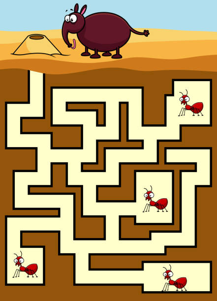 cartoon maze game edukacja dla dzieci pomóż mrówkojadowi dotrzeć do mrówek - ant comedian stock illustrations