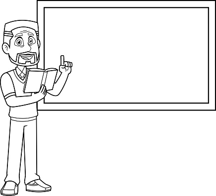 Outlined Male Teacher Cartoon Character Read From A Textbook And Pointing  To Chalk Board Stock Illustration - Download Image Now - iStock