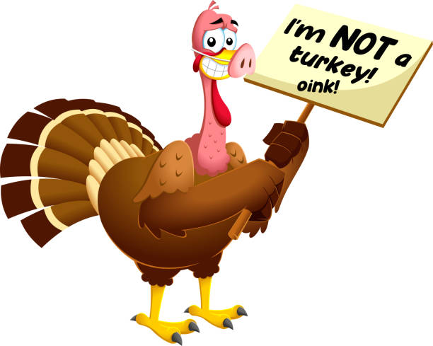 istock Scared Turkey Cartoon Characters Masked As A Pig Holds A Sign With An Inscription 1423304241