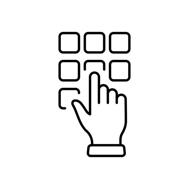 ilustraciones, imágenes clip art, dibujos animados e iconos de stock de introduzca la contraseña con la mano en el icono de línea del teclado de marcado. número de clave del banco de seguridad en el pictograma lineal del botón del cajero automático. código pin de entrada con el dedo en el icono de contorno del teclado. t - enter key illustrations