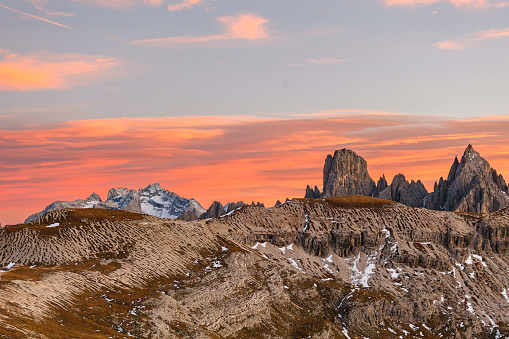 Rocky mountain landscape view at a colourful sunset