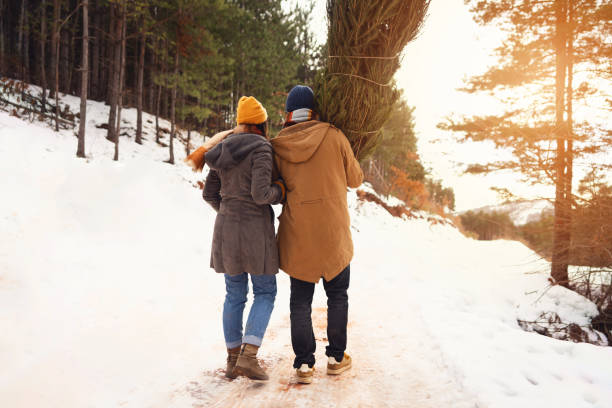 istock Unrecognizable couple carrying a Christmas tree, they found in forest 1423305993