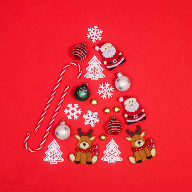 istock Creative Christmas tree shape made with various ornaments on red background. Flat lay 1423306107