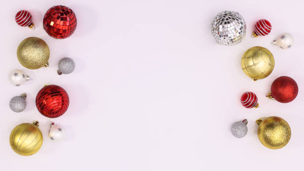istock Gold red and silver ornaments on white background with copy space. FLat lay 1423306453