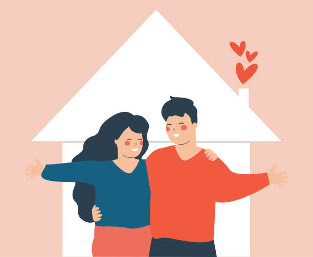 ilustrações, clipart, desenhos animados e ícones de novo casal apaixonado abraçando um ao outro. família jovem e feliz de dois membros marido e mulher ao ar livre. - engagement heterosexual couple couple child