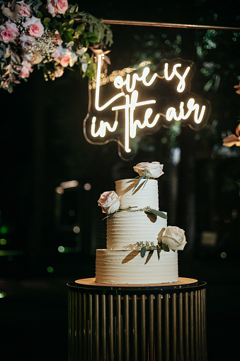 Pastel de bodas contra el fondo de un hermoso arco para una ceremonia al aire libre. photo