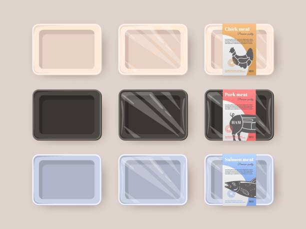 Empty plastic trays. Cartoon styrofoam tray meat packaging, black plastic food container label mockup meal store, protective cellophane box for pork beef fish vector illustration Empty plastic trays. Cartoon styrofoam tray meat packaging, black plastic food container label mockup meal store, protective cellophane box for pork beef fish vector illustration of tray empty plastic polystyrene box stock illustrations
